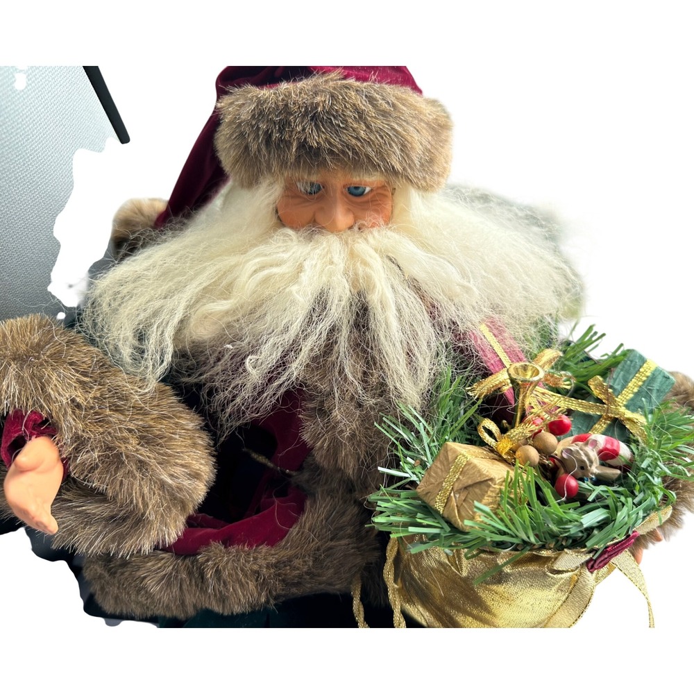 Vintage Style Santa Claus Shelf Sitter Burgundy Velvet Faux Fur Christmas Decor